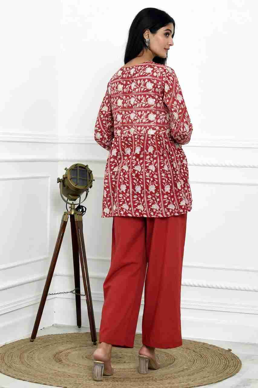 Naksh Short Red And White Soft Cotton Kota Block Printed Gathered Kurta