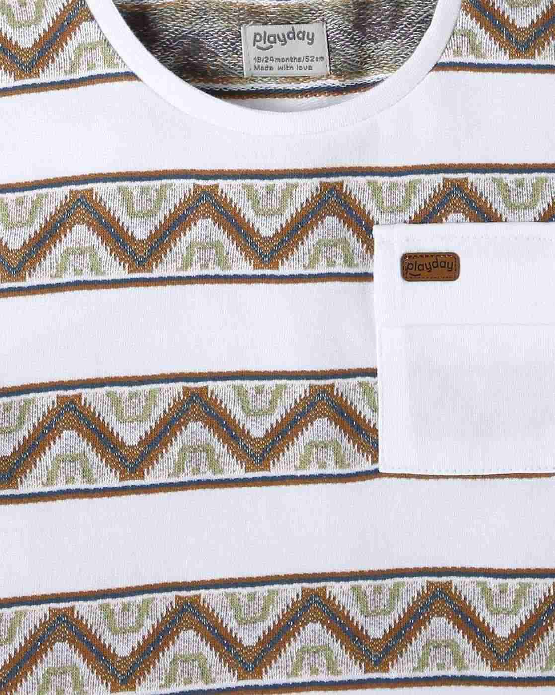 PLAYDAY | Boys Chevron Print Relaxed Fit Crew-Neck T-Shirt with Patch Pocket|2