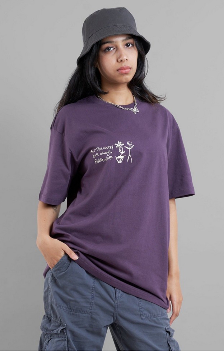 THIRD SOCIETY | Unisex Plum Perfect Doodle Purple Printed Oversized T-Shirt