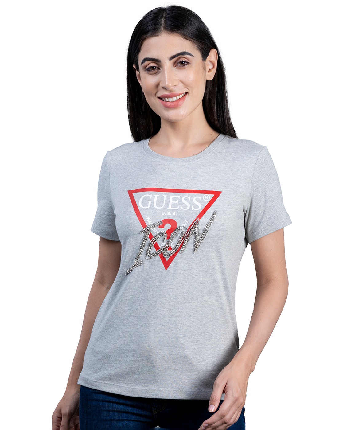 Women's Grey Melange Cotton Logo Regular Fit Half Sleeves T-shirt