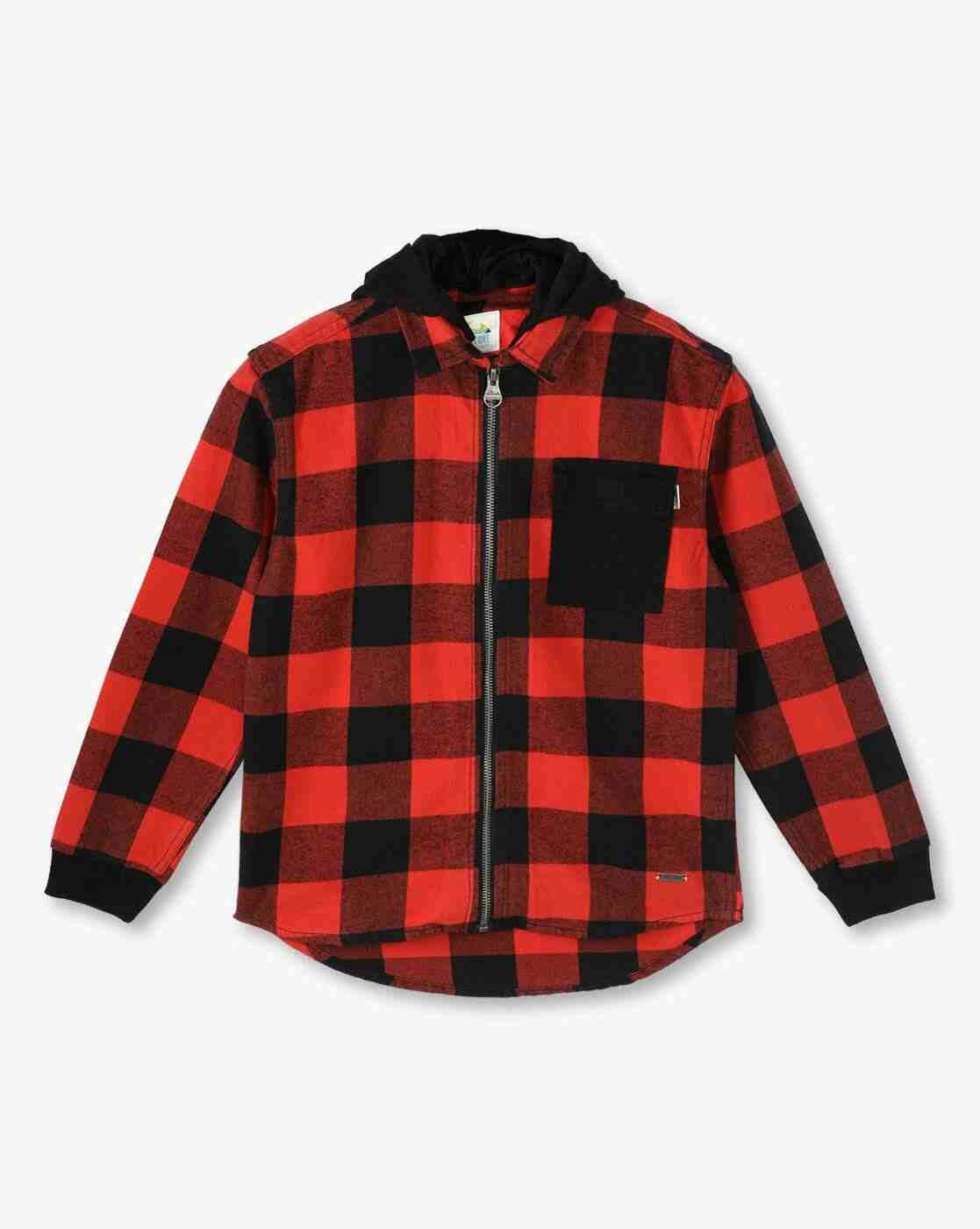 Boys Checked Slim Fit Zip-Front Hooded Shirt with Patch Pocket