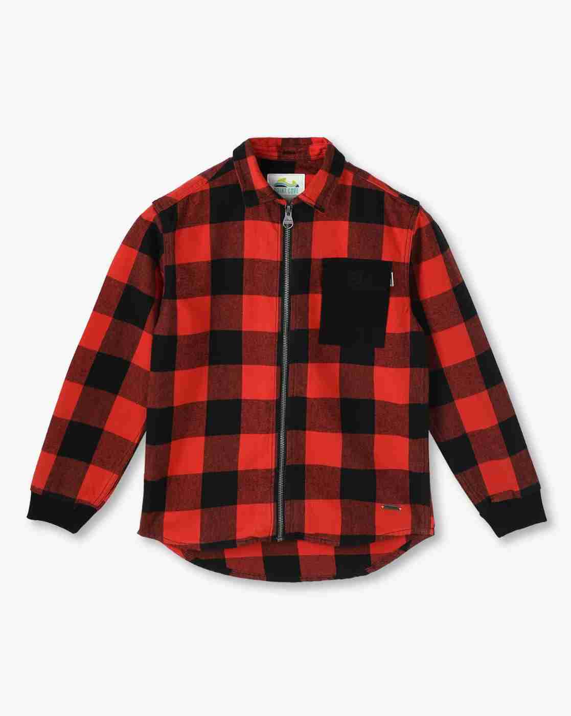POINT COVE | Boys Checked Slim Fit Zip-Front Hooded Shirt with Patch Pocket