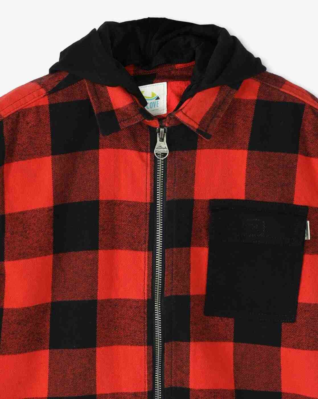 POINT COVE | Boys Checked Slim Fit Zip-Front Hooded Shirt with Patch Pocket|4