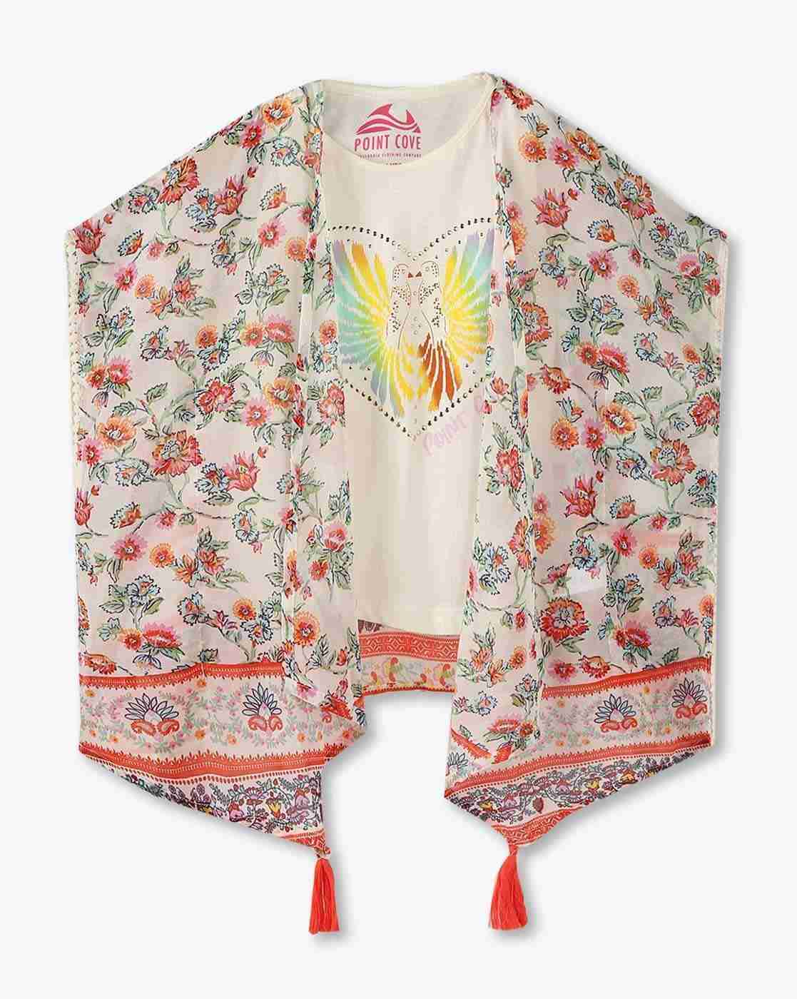 Girls Floral Print Round-Neck T-Shirt with Jacket