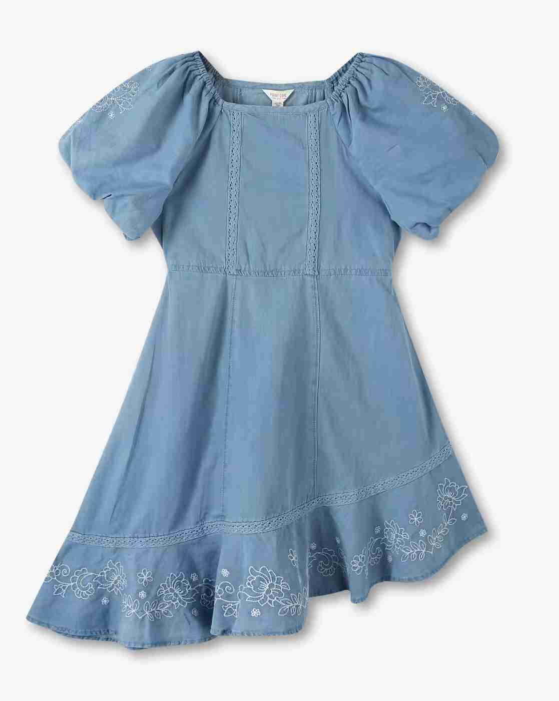 Girls Embroidered Square-Neck A-Line Dress
