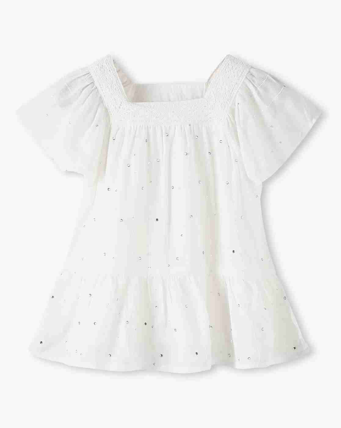 POINT COVE | Girls Embellished Regular Fit Square-Neck Ruffled Top|0