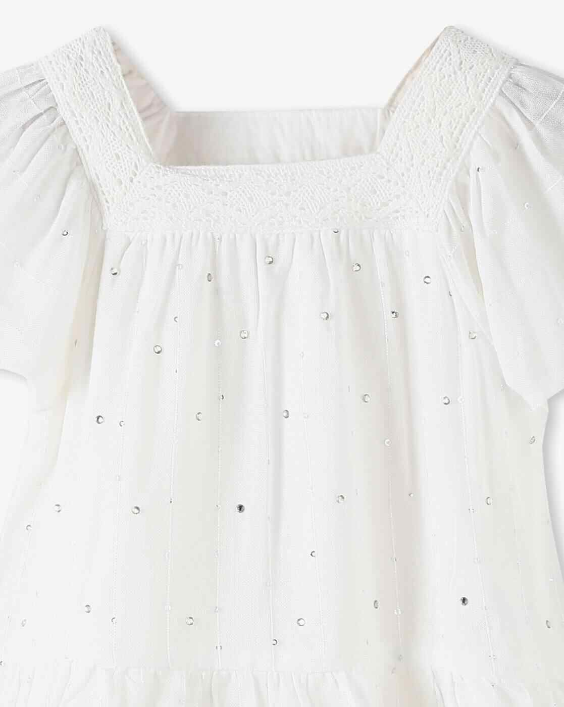 POINT COVE | Girls Embellished Regular Fit Square-Neck Ruffled Top