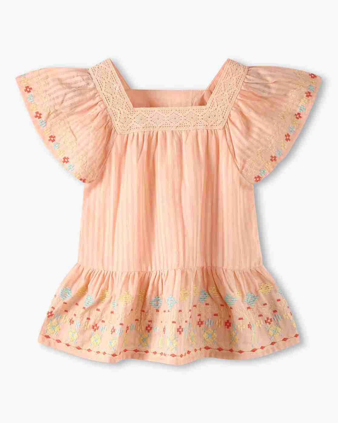 POINT COVE | Girls Striped Regular Fit Square-Neck Ruffled Top|0