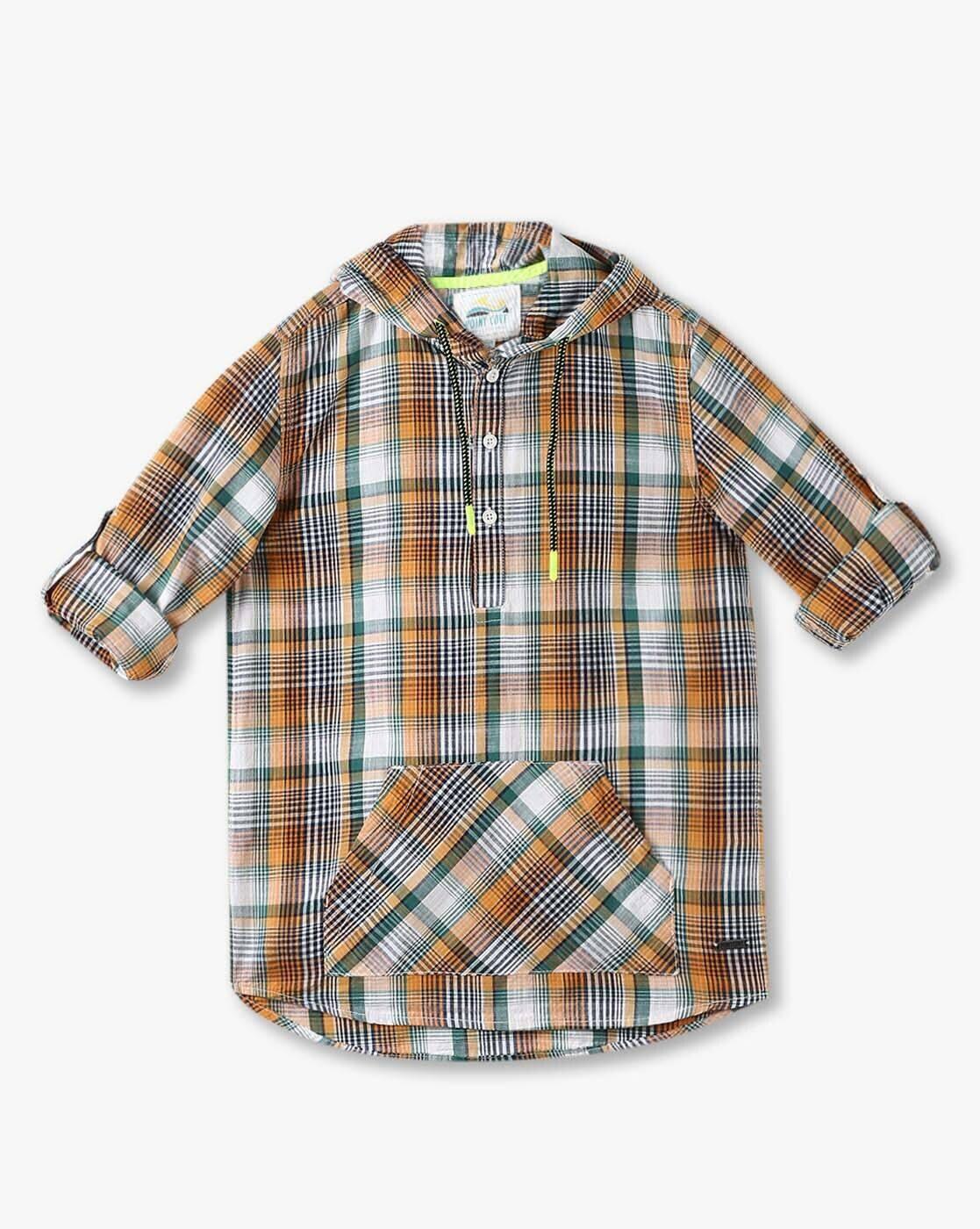 POINT COVE | Boys Checked Relaxed Fit Hooded Shirt with Kangaroo Pocket|0