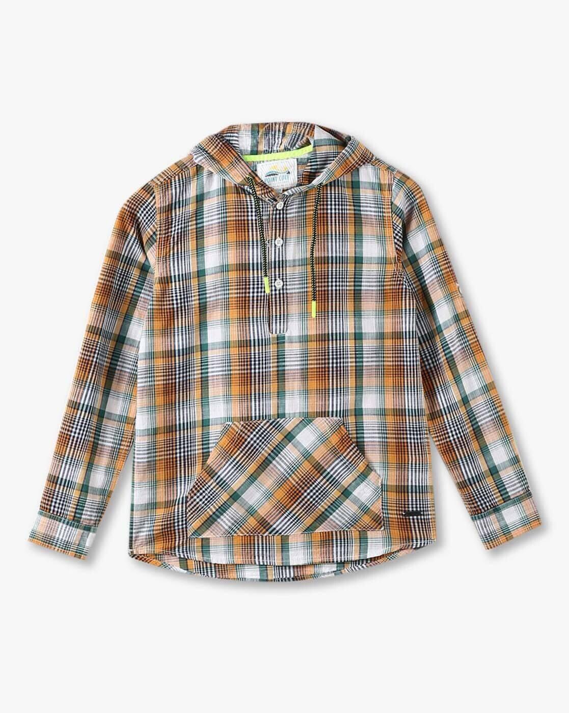 POINT COVE | Boys Checked Relaxed Fit Hooded Shirt with Kangaroo Pocket|1