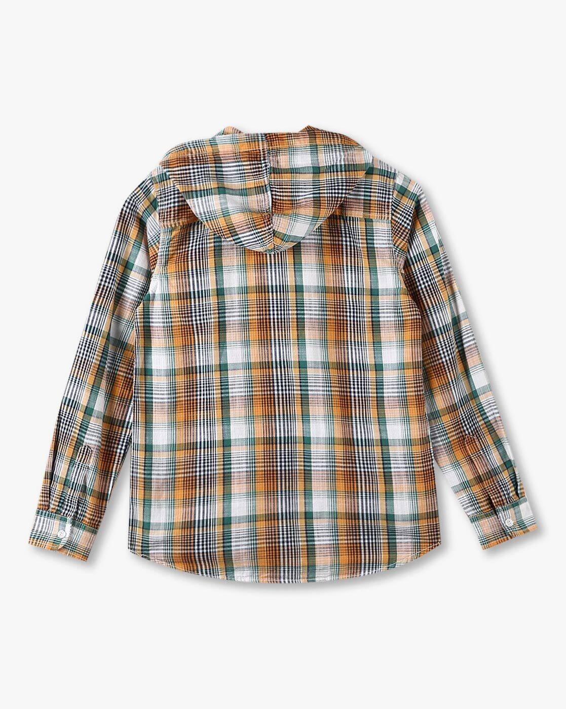 POINT COVE | Boys Checked Relaxed Fit Hooded Shirt with Kangaroo Pocket|2