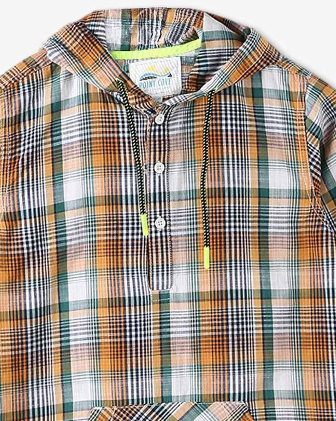 POINT COVE | Boys Checked Relaxed Fit Hooded Shirt with Kangaroo Pocket|3