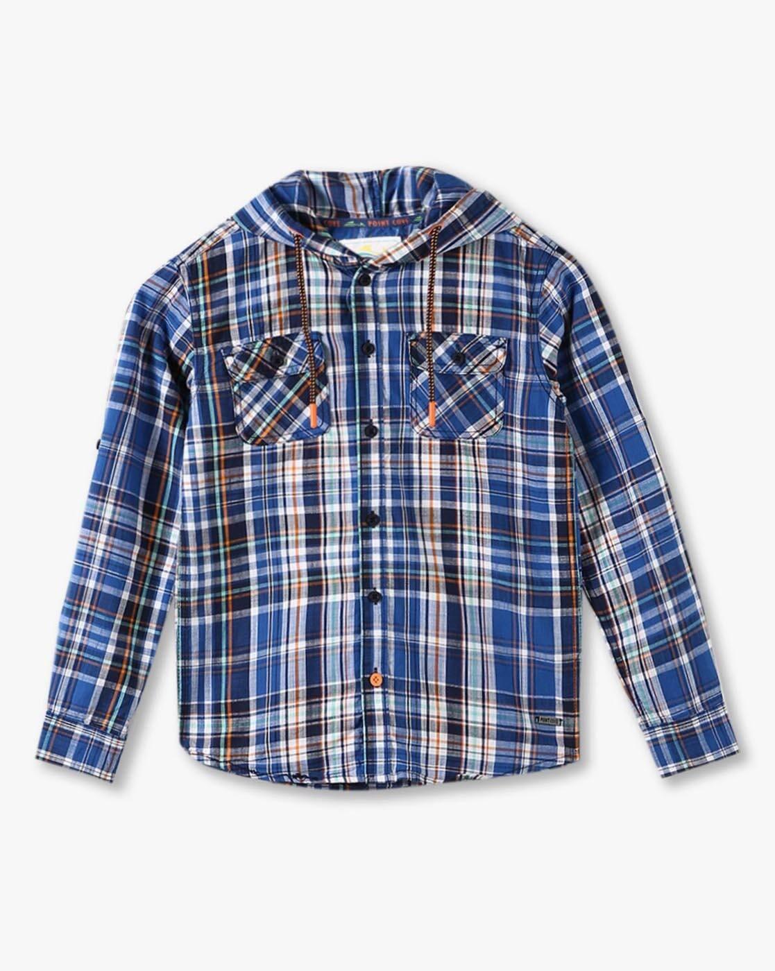 POINT COVE | Boys Checked Relaxed Fit Hooded Shirt with Flap Pockets|1