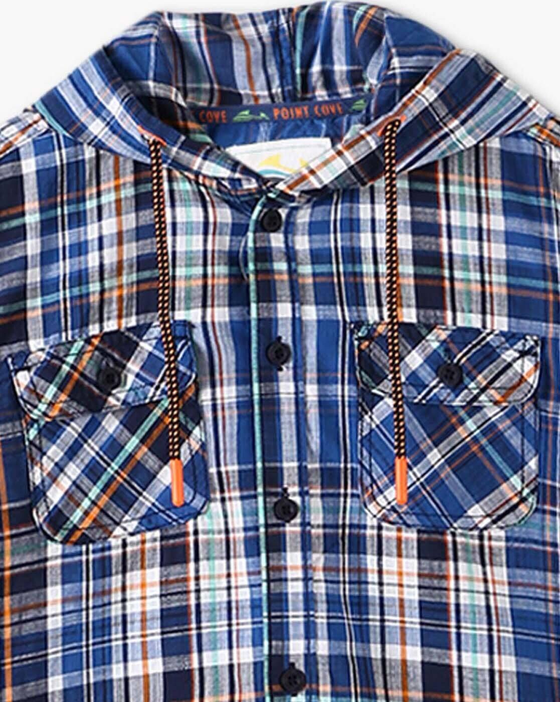 POINT COVE | Boys Checked Relaxed Fit Hooded Shirt with Flap Pockets|3
