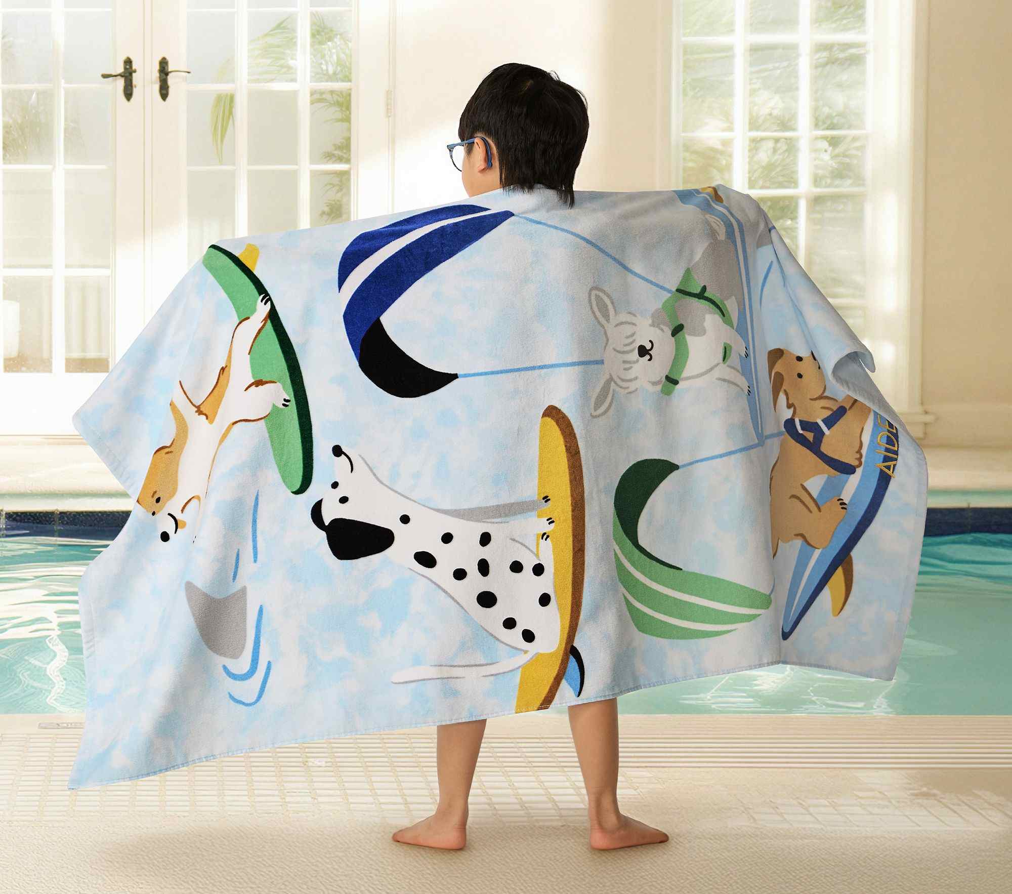 Pottery Barn Kids | Tie-Dye Surfing Dogs Kid Beach Towel UPF 50+