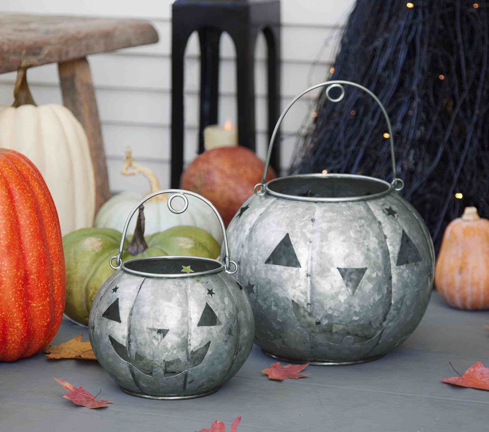 Metal Cut-Out Pumpkin Lanterns, Set of 2
