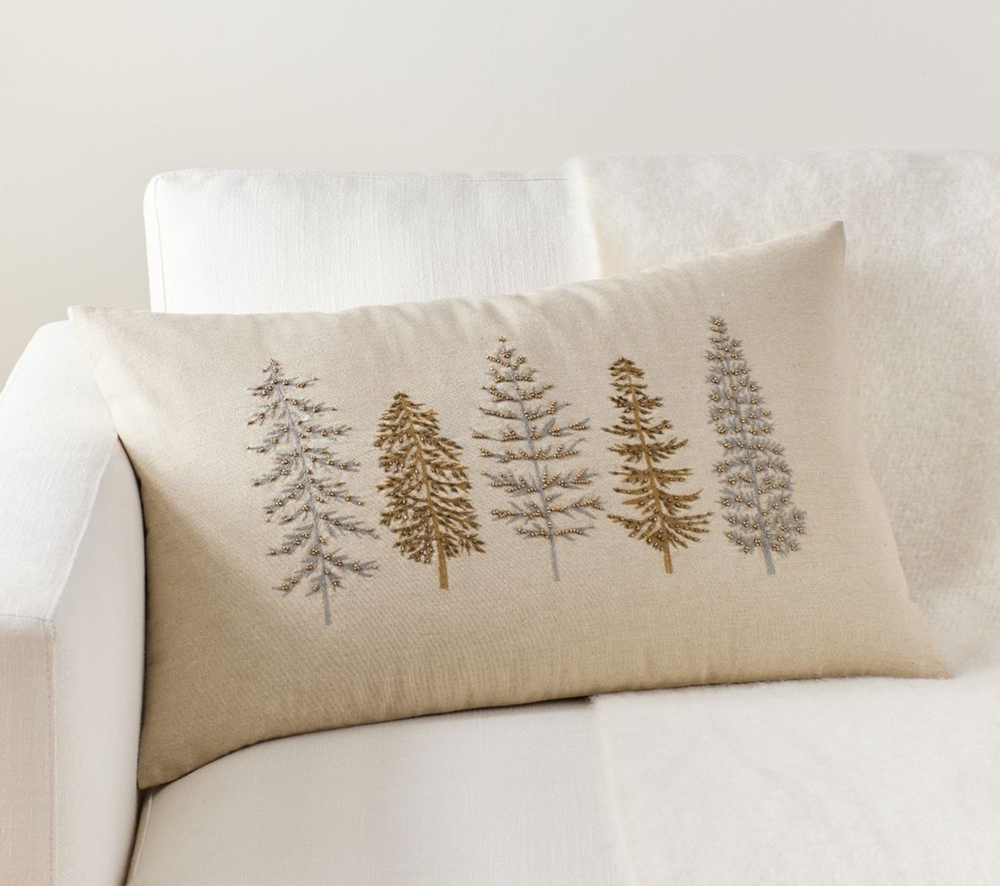 Winter Trees Embroidered Lumbar Pillow Cover, 16x26", Flax Multi