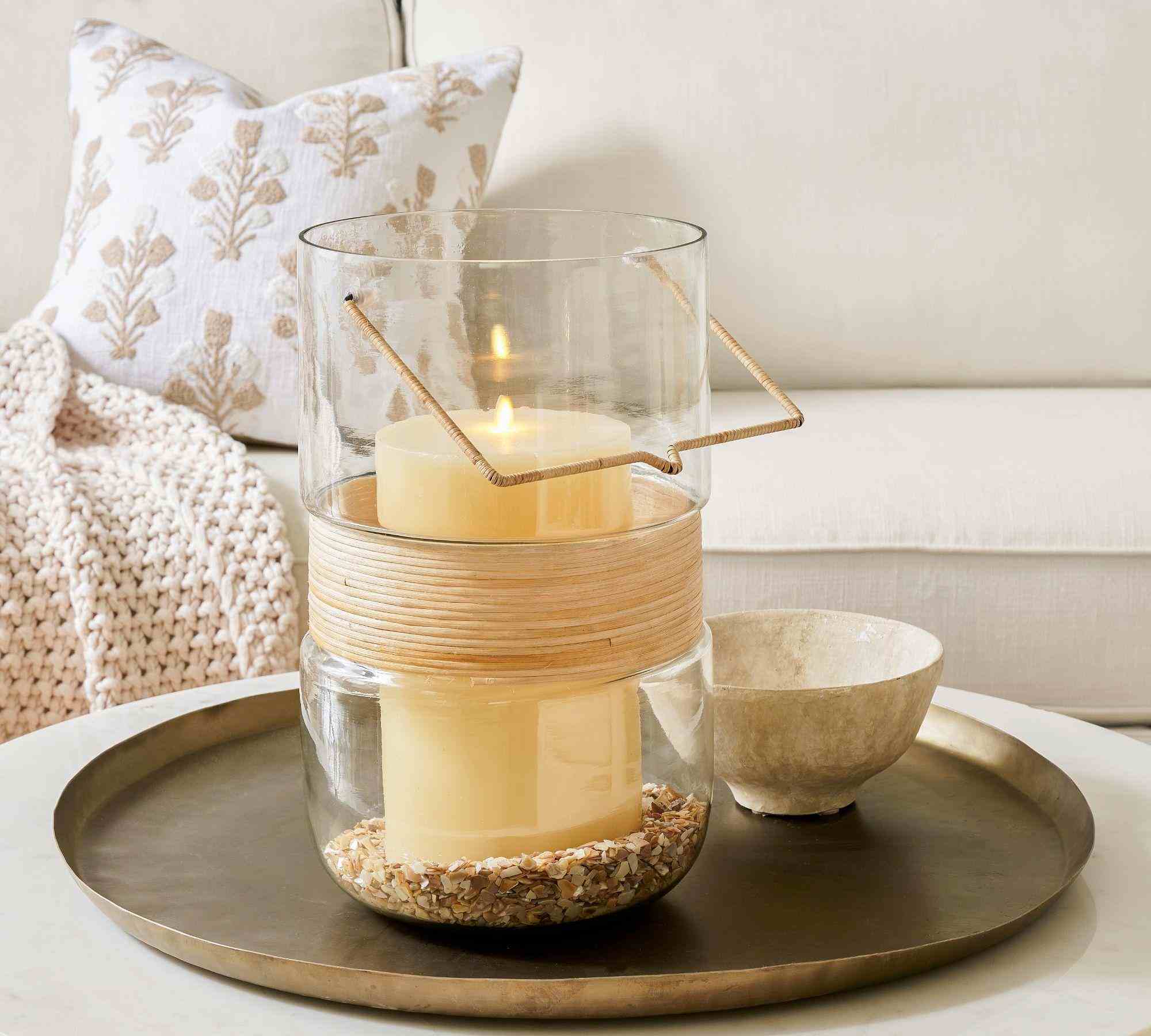 Pottery Barn | Palm Woven Rattan & Glass Hurricane Candleholder