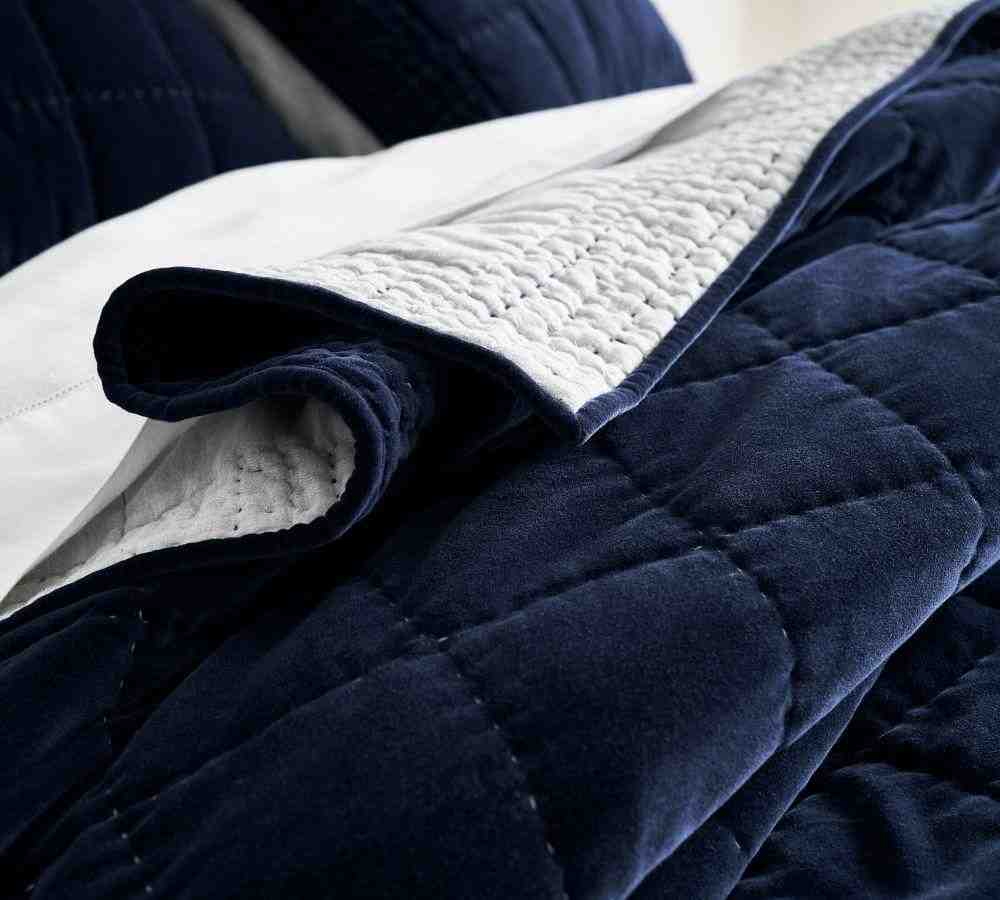 Velvet Handcrafted Box Stitch Quilt, Navy