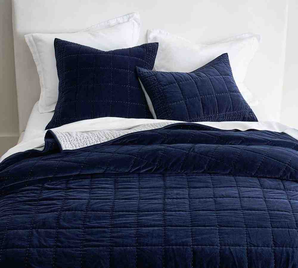 Velvet Handcrafted Box Stitch Quilt, Navy