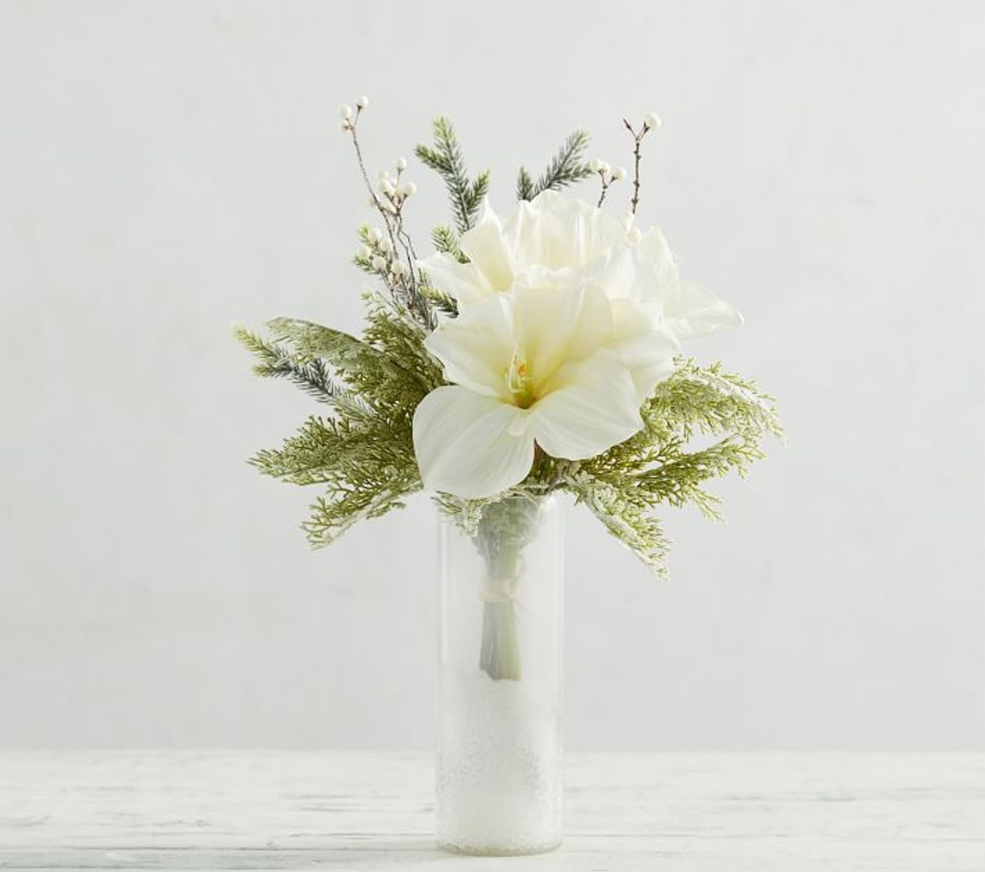 Faux Mixed Amaryllis & Pine Bouquet - White