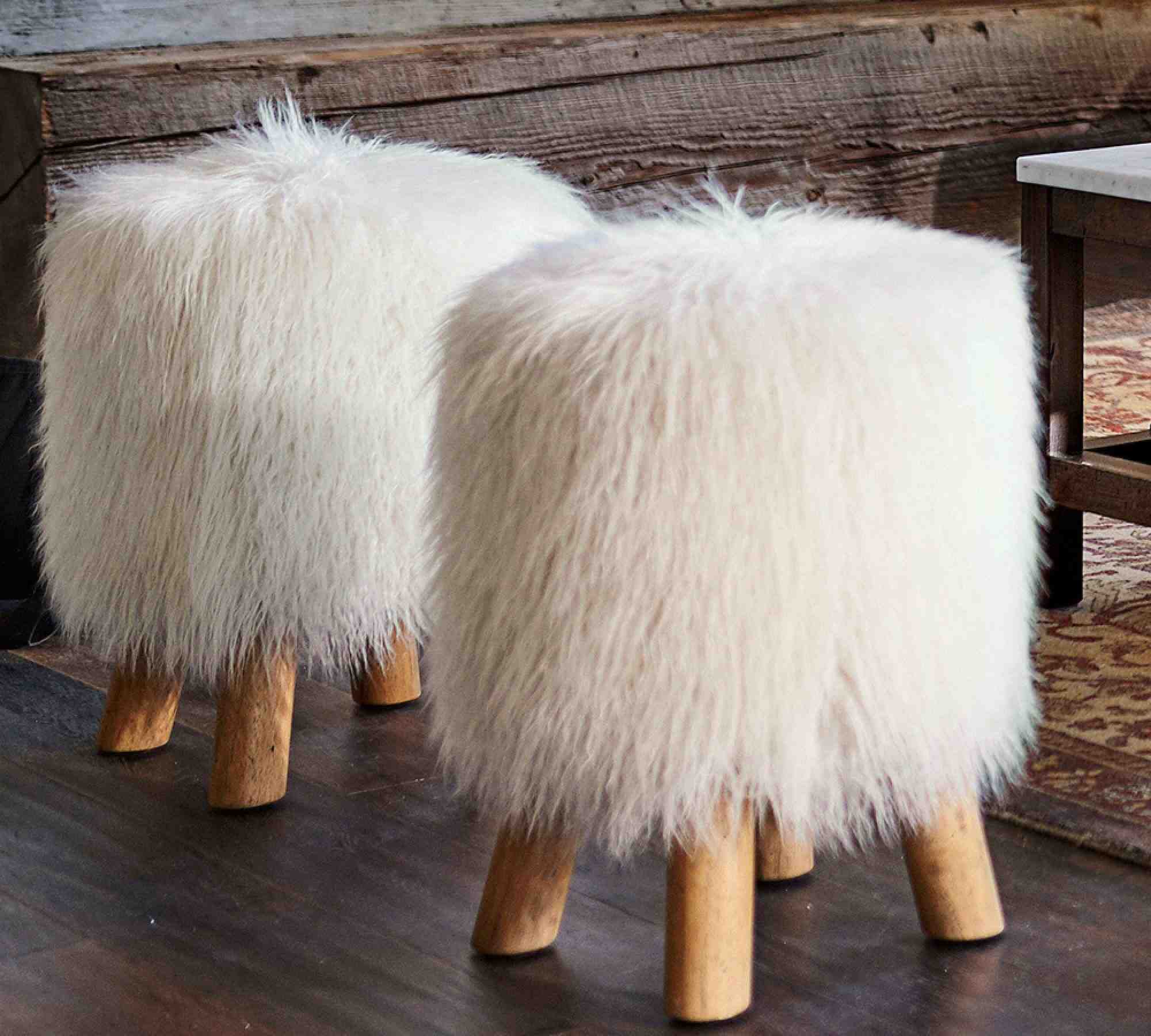 Mongolian Faux Fur Stool, Ivory