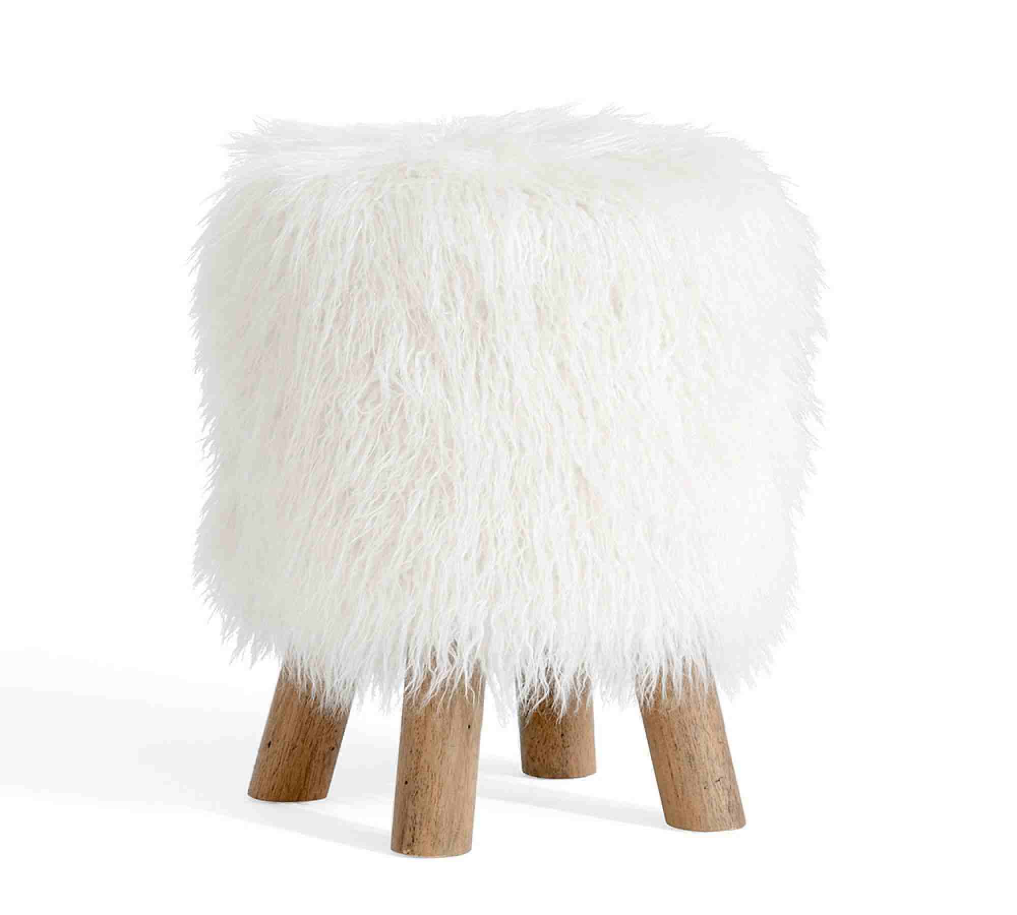 Mongolian Faux Fur Stool, Ivory