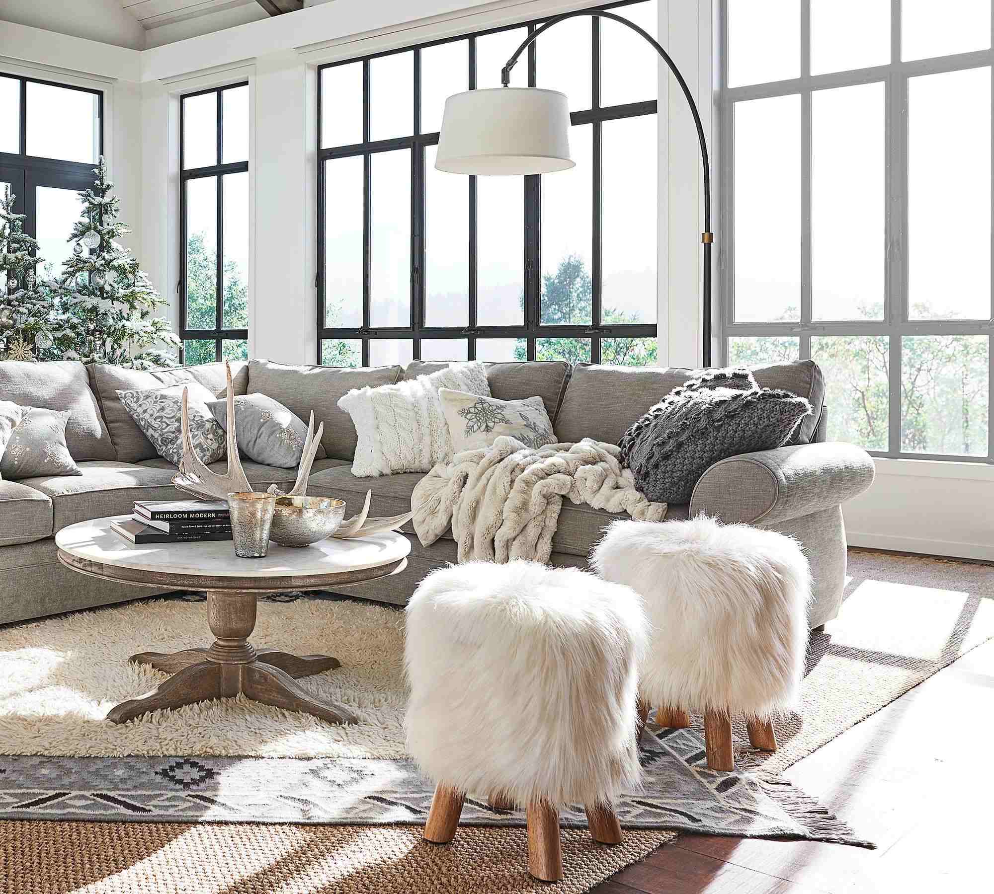 Mongolian Faux Fur Stool, Ivory