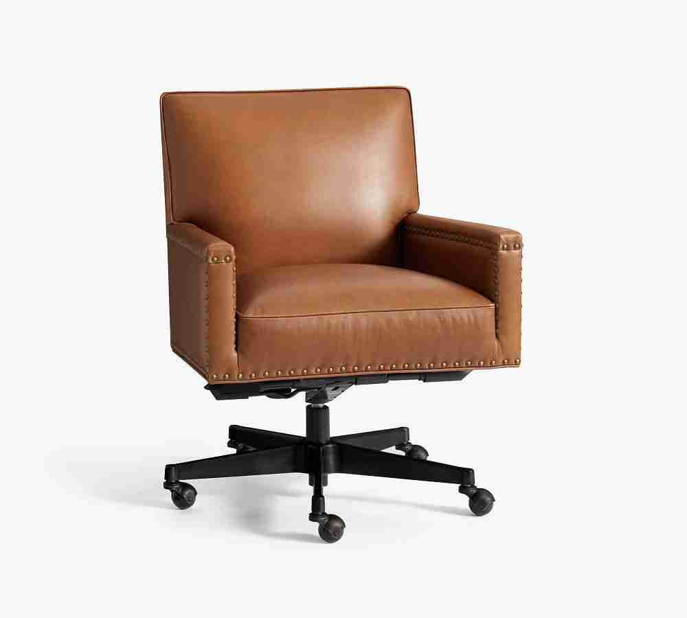Tyler Leather Swivel Desk Chair, Bronze Base, Vintage Caramel