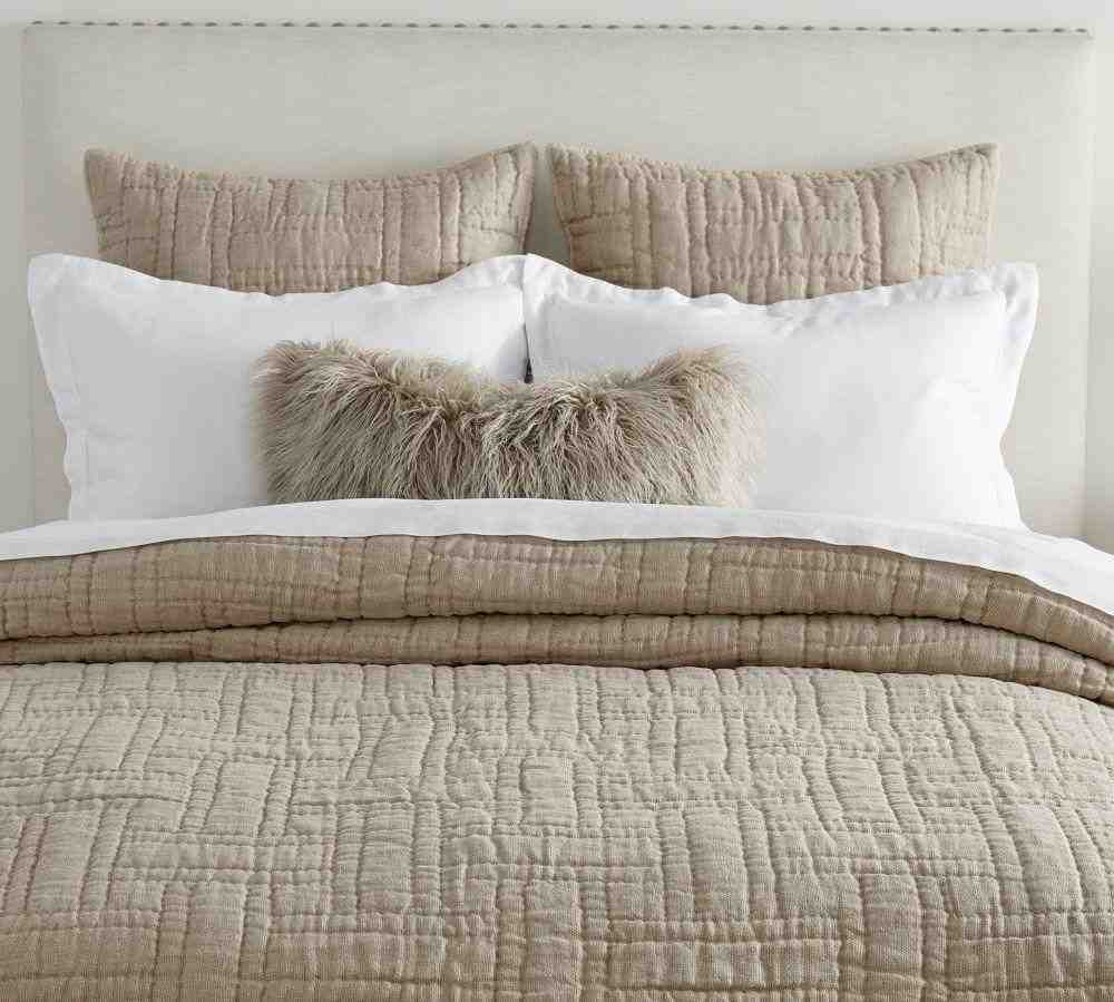 Neutral Belgian Flax Linen Handcrafted Basketweave Quilt- Full-Queen