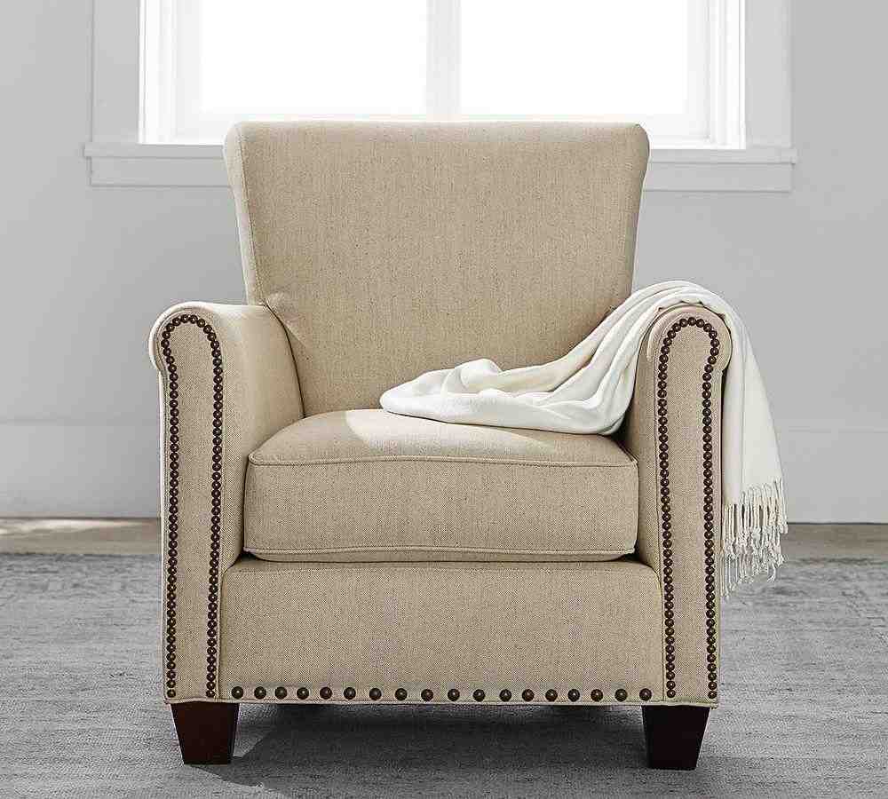 Irving Roll Arm Upholstered Armchair with Bronze Nailheads, Polyester Wrapped Cushions, Performance Everydaylinen™ Oatmeal