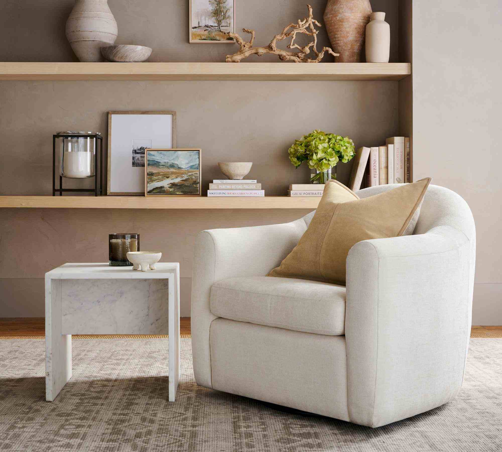 GLBL Gideon Poly Performance Heathered Tweed Swivel Armchair Ivory