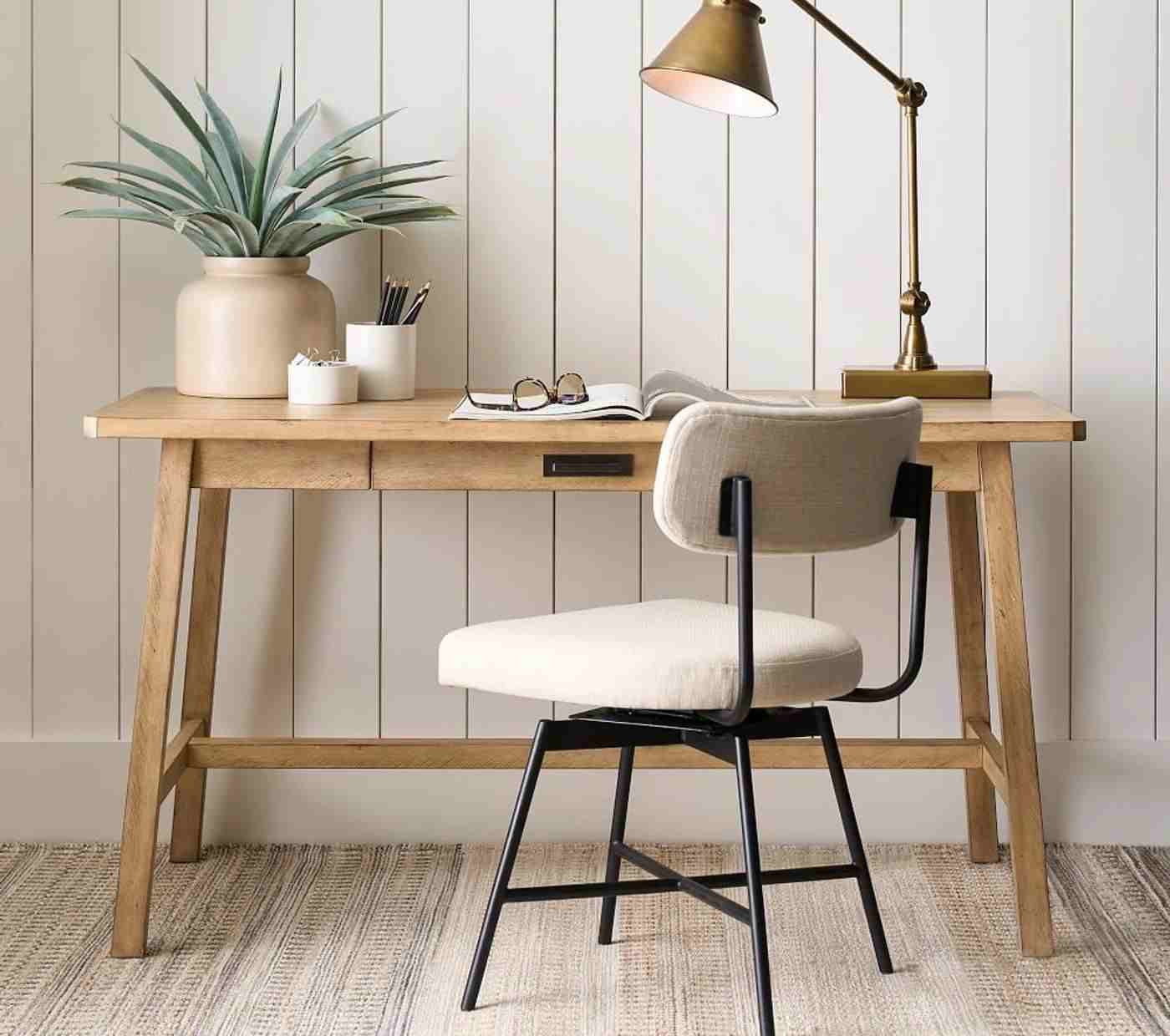 Maison Upholstered Swivel Desk Chair, Bronze Base, Basketweave Slub Ivory