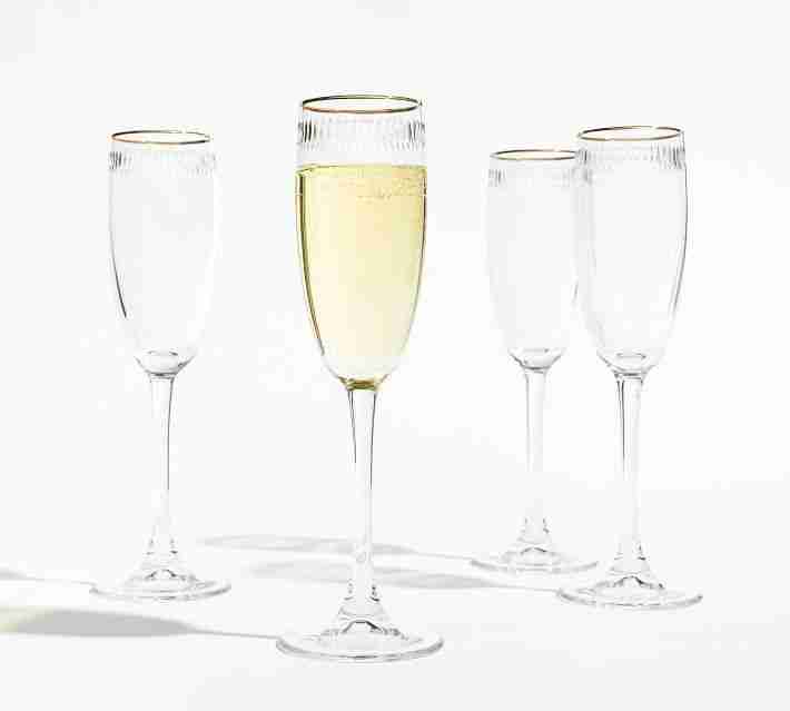 Etched Gold Rim Champagne Flutes, Set of 4