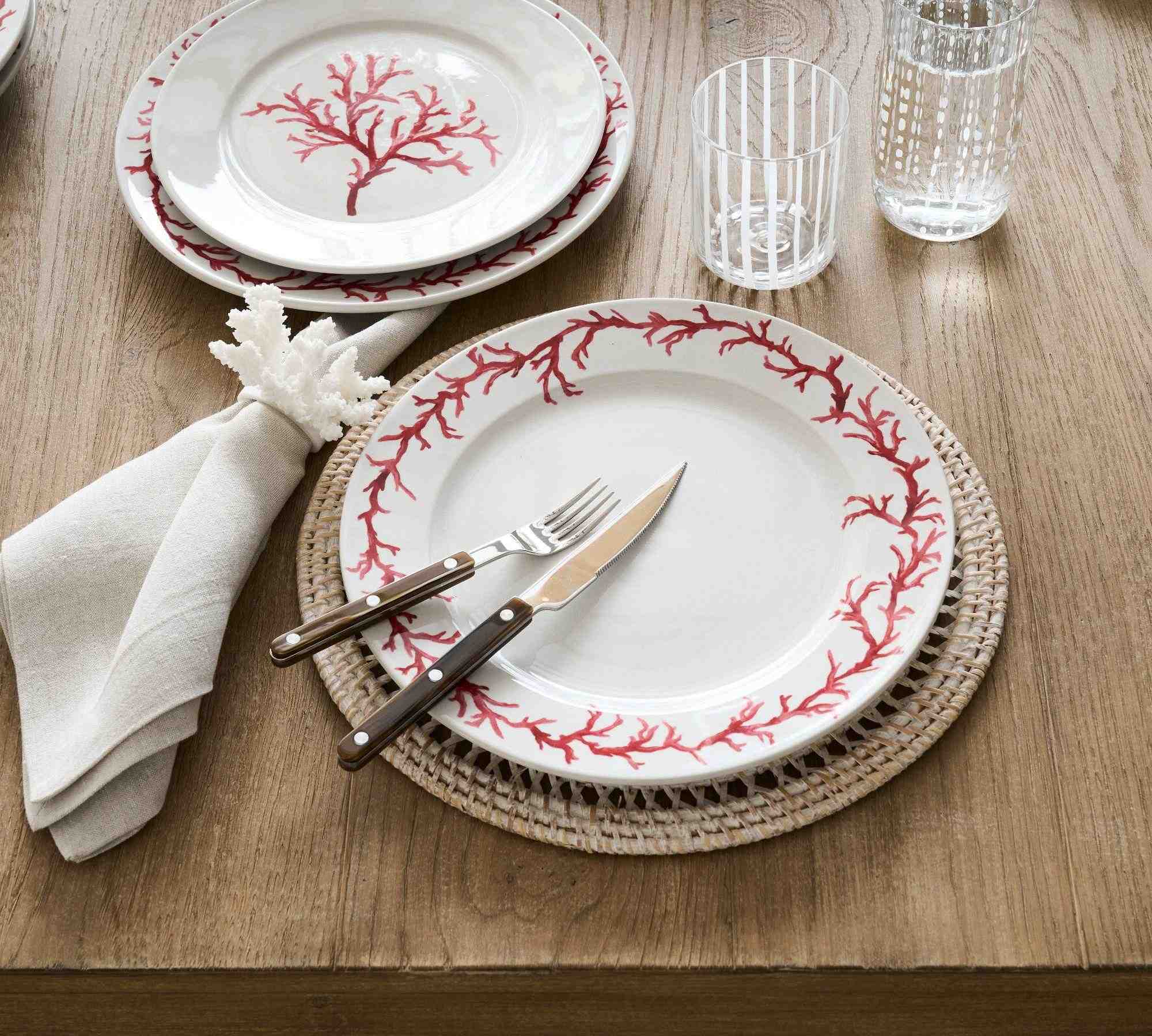 Coral Rim Stoneware Dinner Plates - Set of 4
