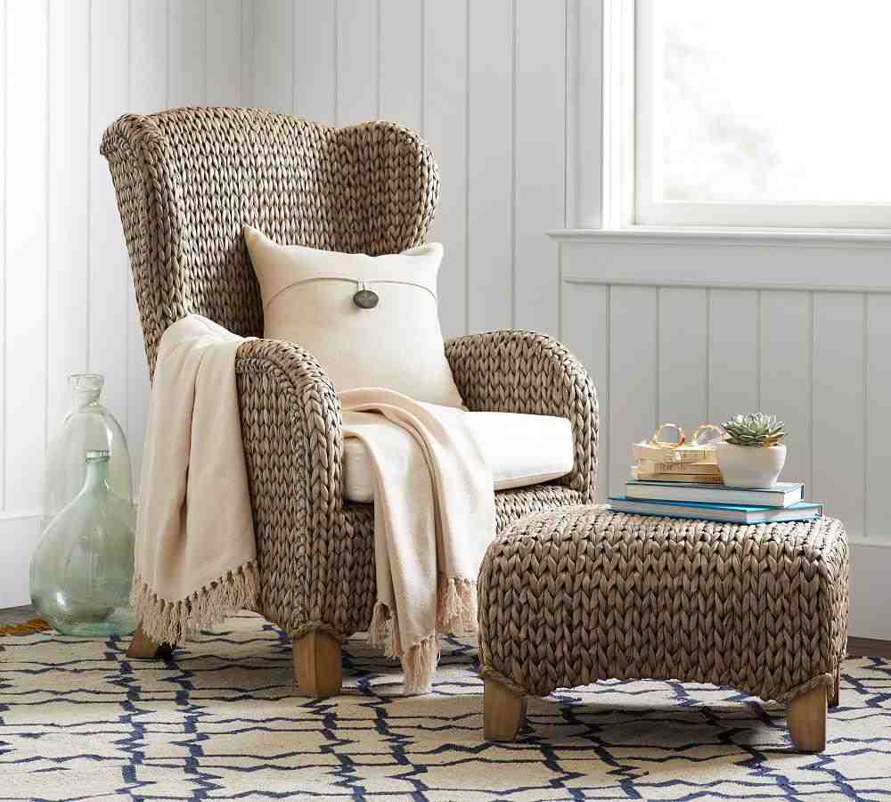 Seagrass Wingback Ottoman, Gray Wash