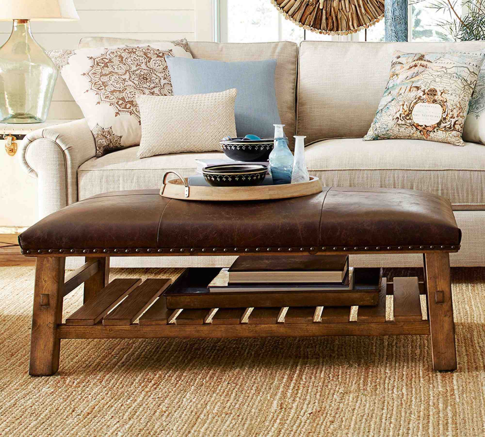 Caden Rectangular Ottoman, Brown Leather