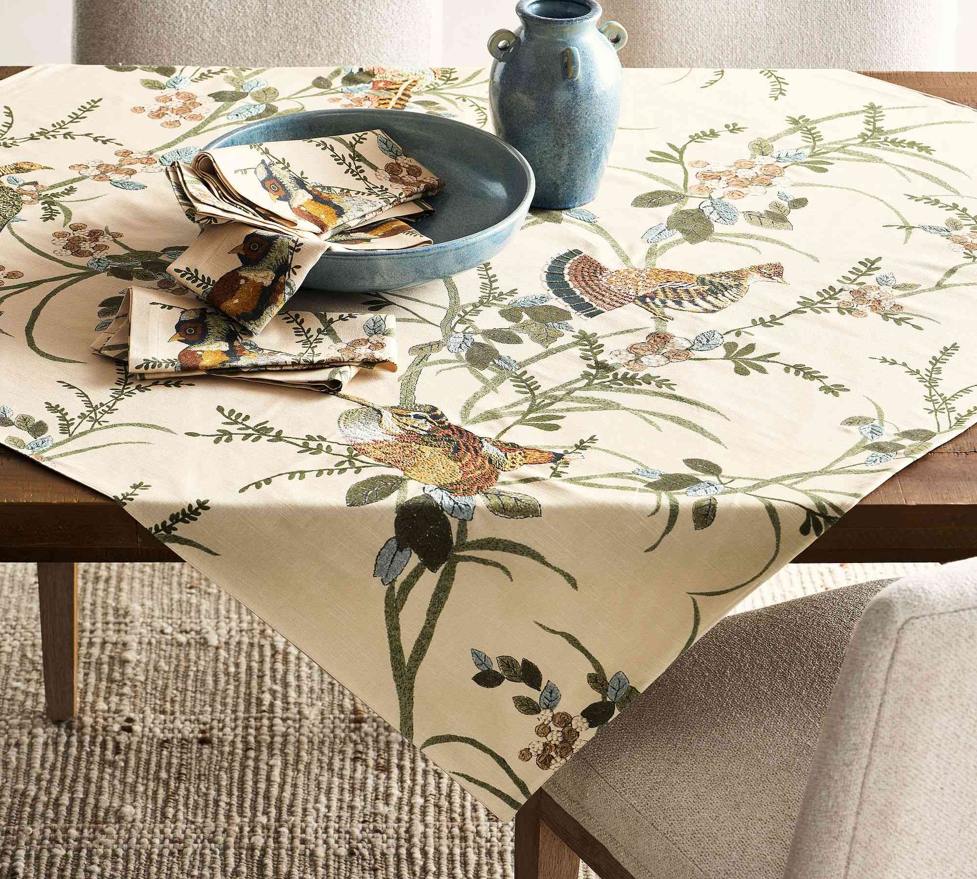 Pheasant Embroidered Cotton Table Throw