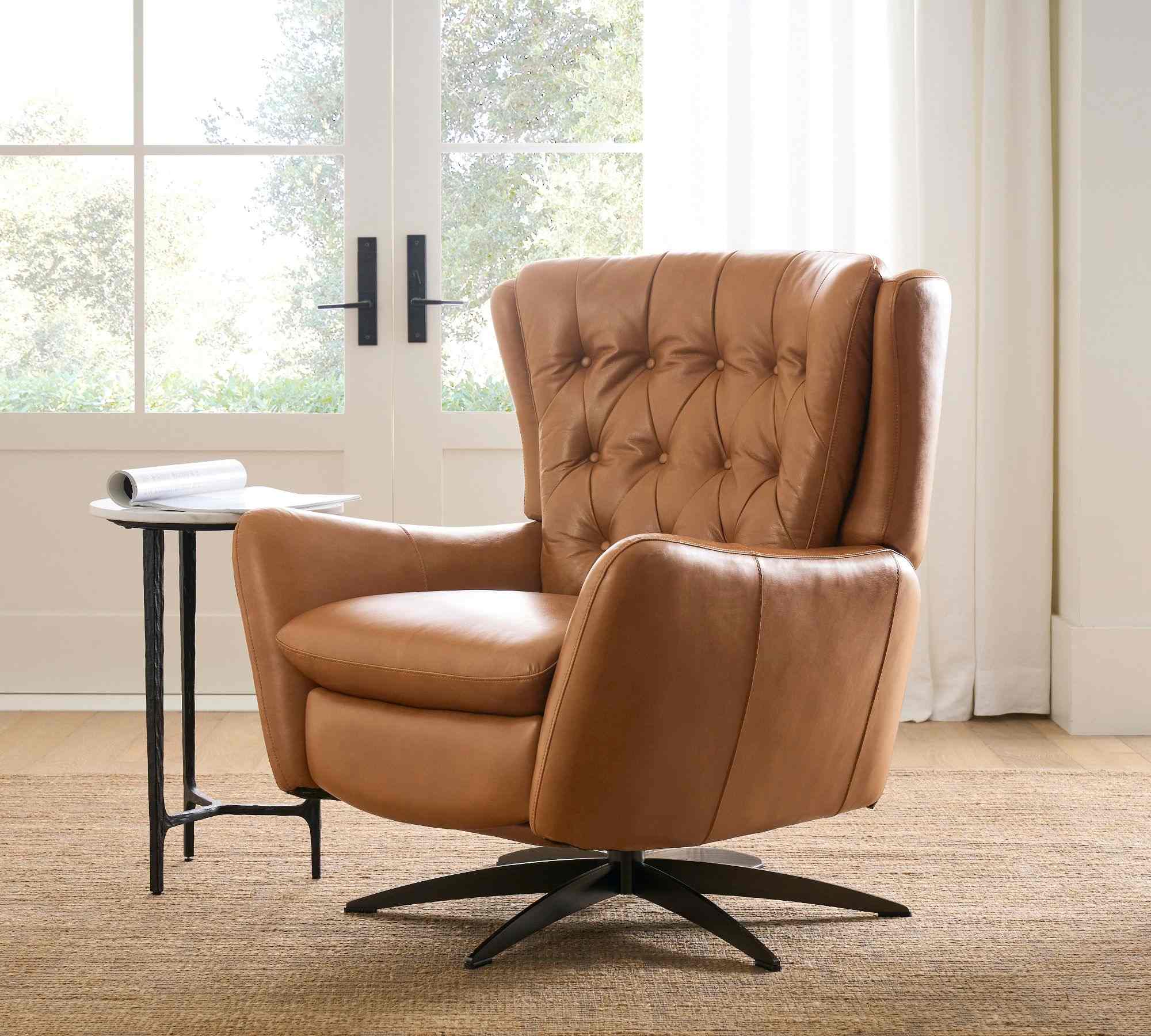 Wells Tufted Leather Swivel Recliner, Brass Base