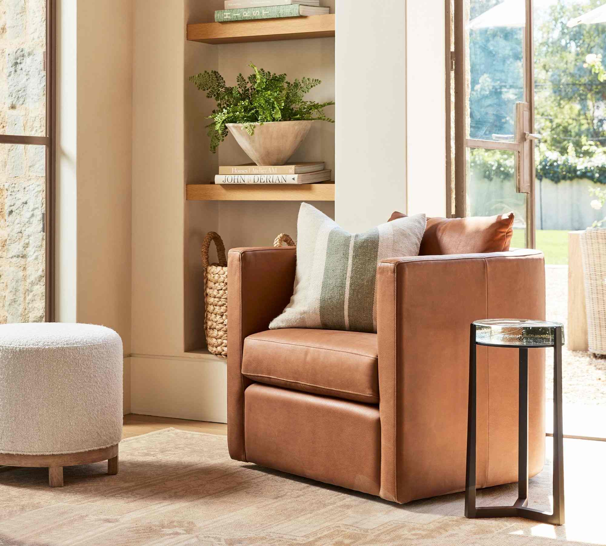 Pottery Barn | Ayden Barrel Back Leather Swivel Armchair