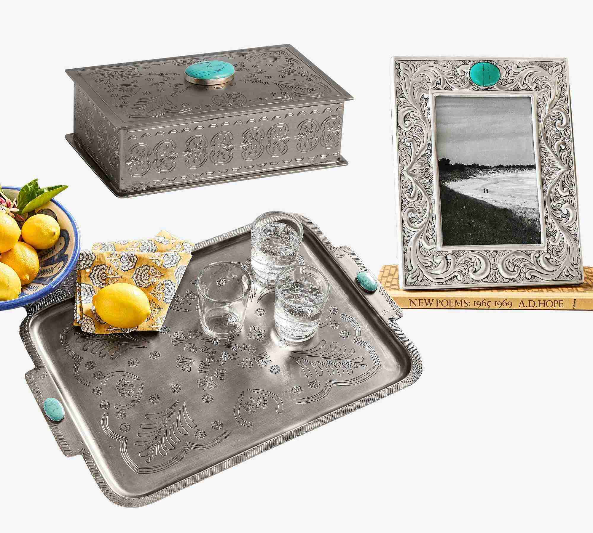 Western Silver & Turquoise Handled Tray