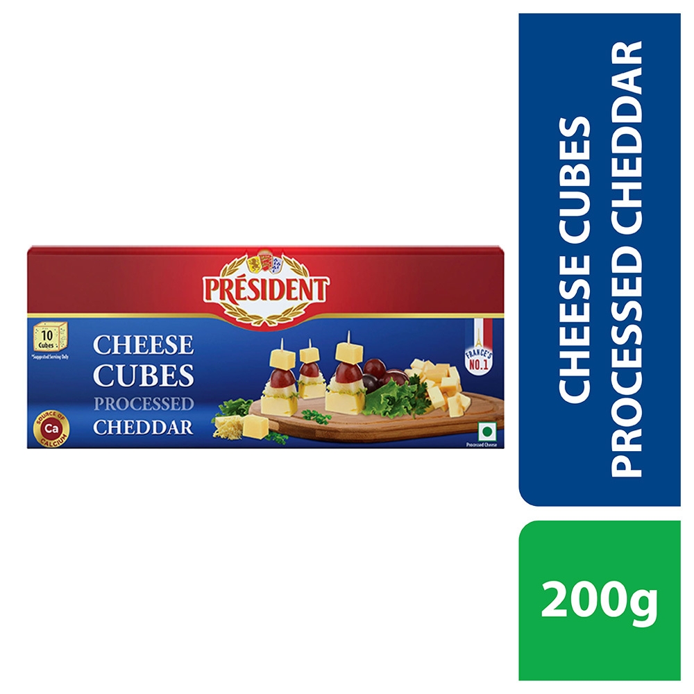 President Processed Cheddar Cheese Cubes 200 G (Carton)