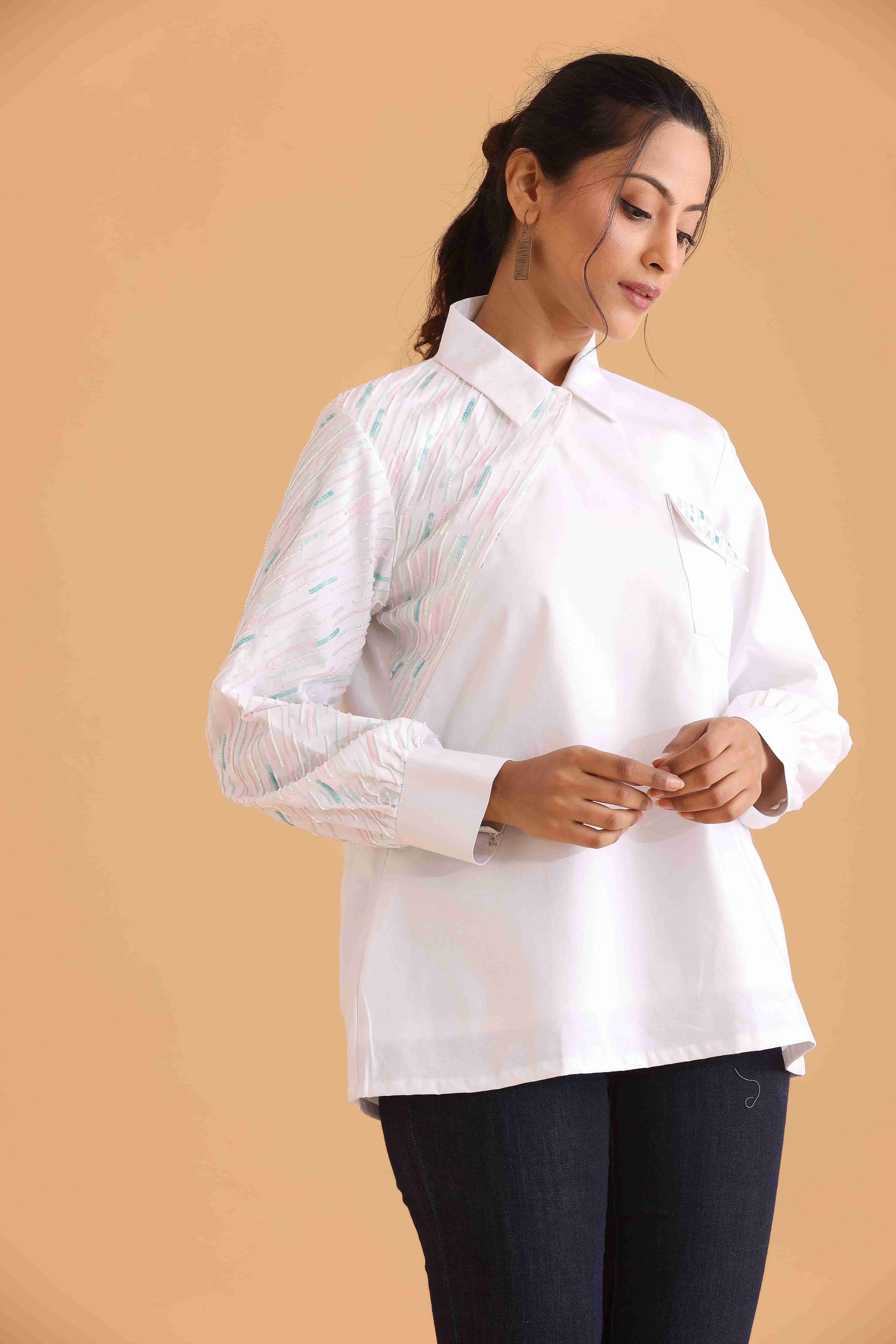 Asymmetric shirt with Textured Embellished Sleeve