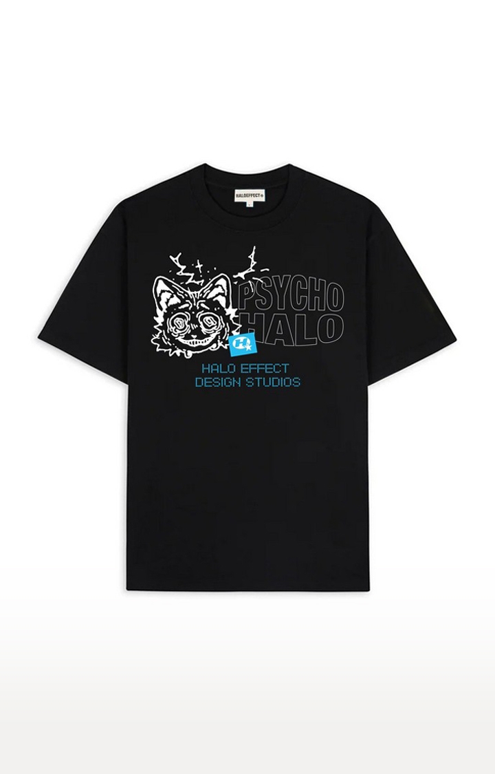 Halo Effect | Men's Black Cotton Psycho Cat Regular T-Shirts