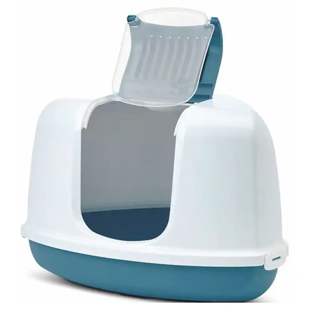 Savic Nestor Corner Cat Litter Box - White/Bluestone - 23 x 18 x 16 inch