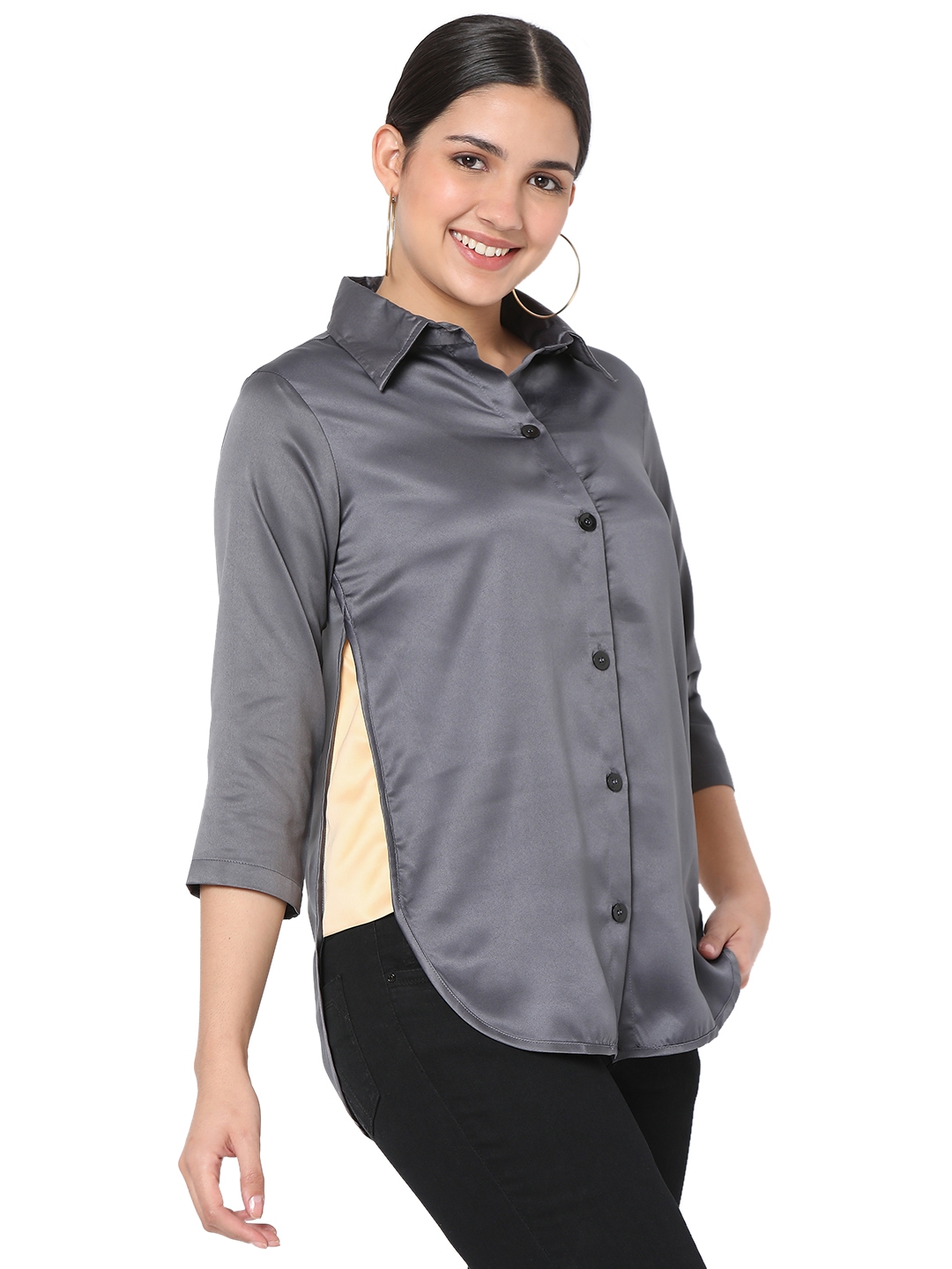 Smarty Pants | Smarty Pants women's silk satin grey color apple cut formal shirt. 2