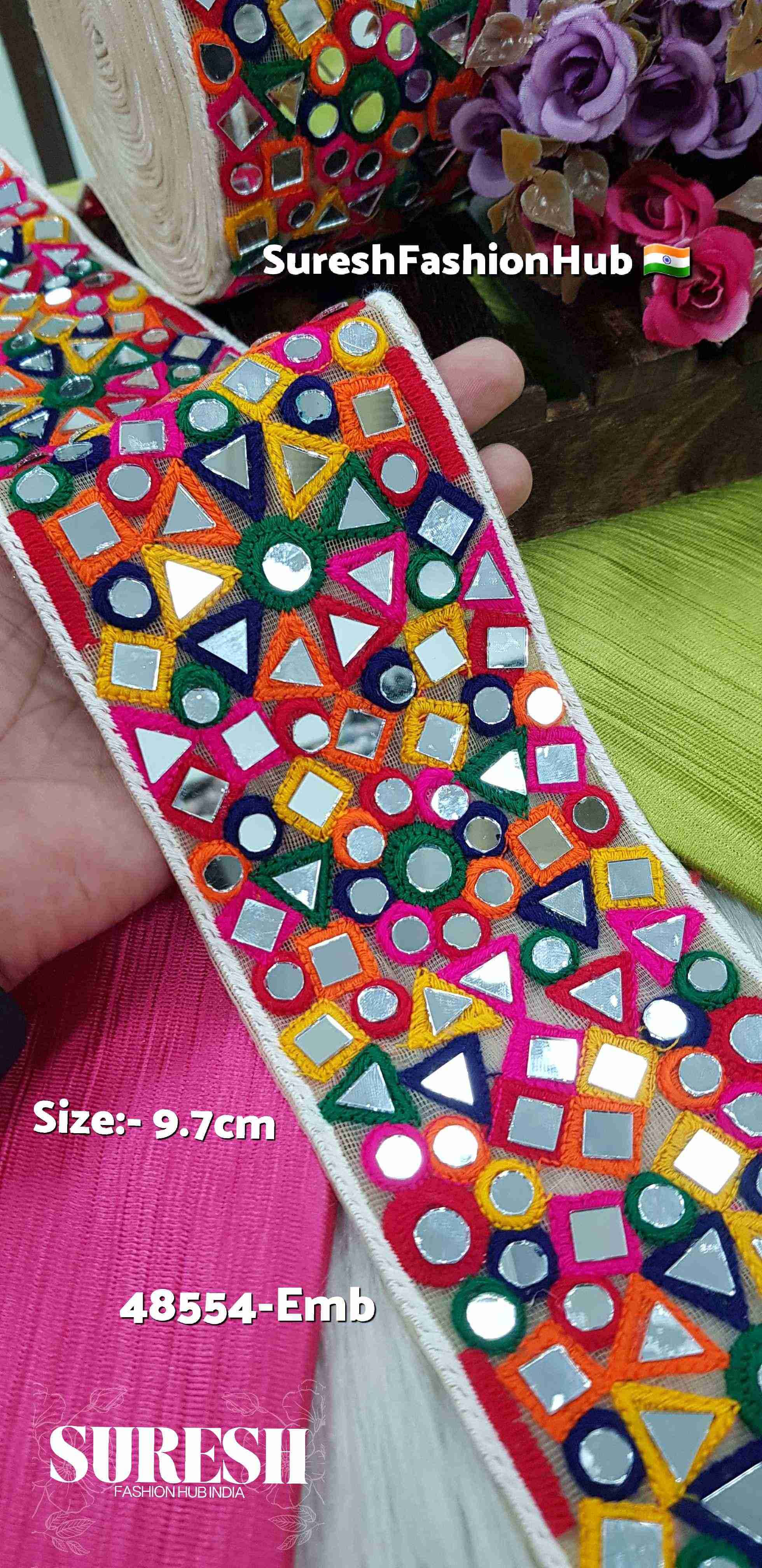 Navratri Bloom Geometric Mirror Thread Lace – Dark Multi | 48554-Emb