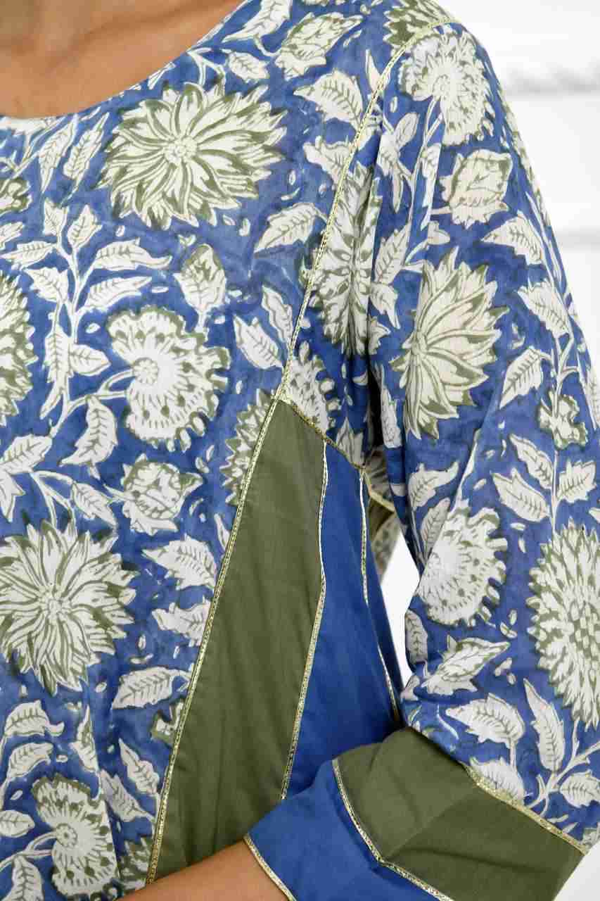Naksh Green Blue Printed Kalidar Kurta, Pants And Triangular Stole (Set of 3)