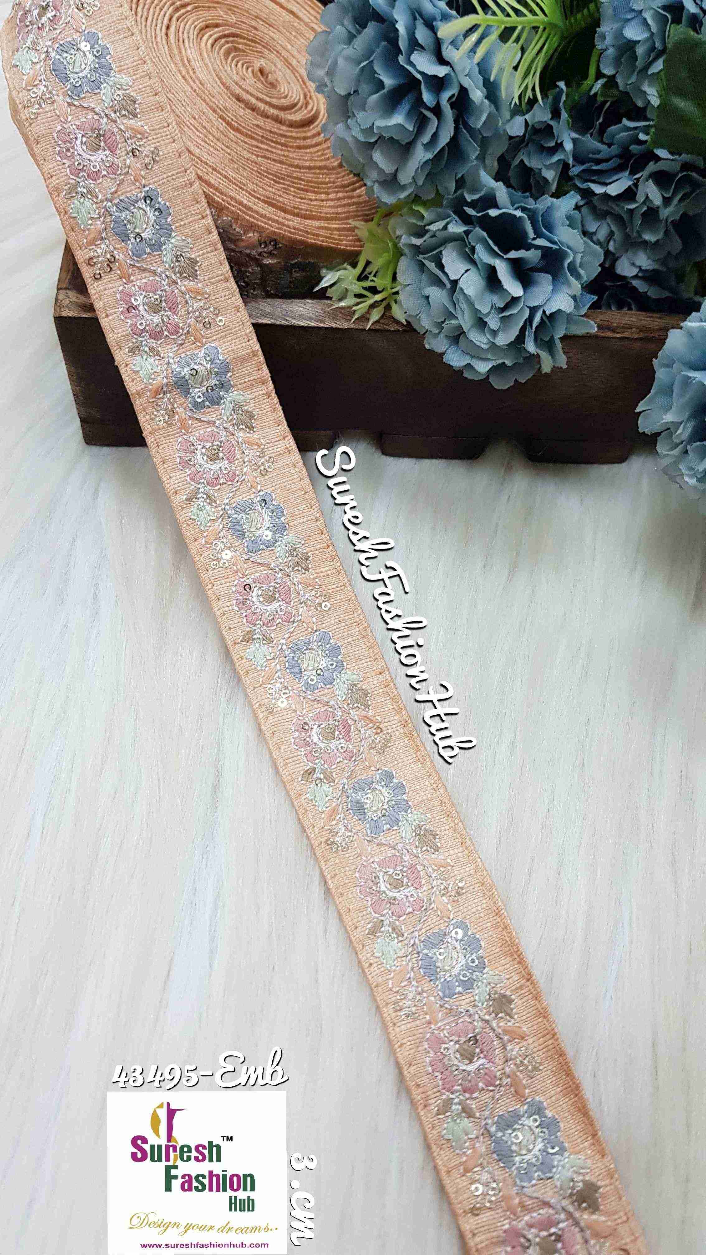 Threaded Flower Bouquet Peach Fabric Sequin Edging Embroidered Trim