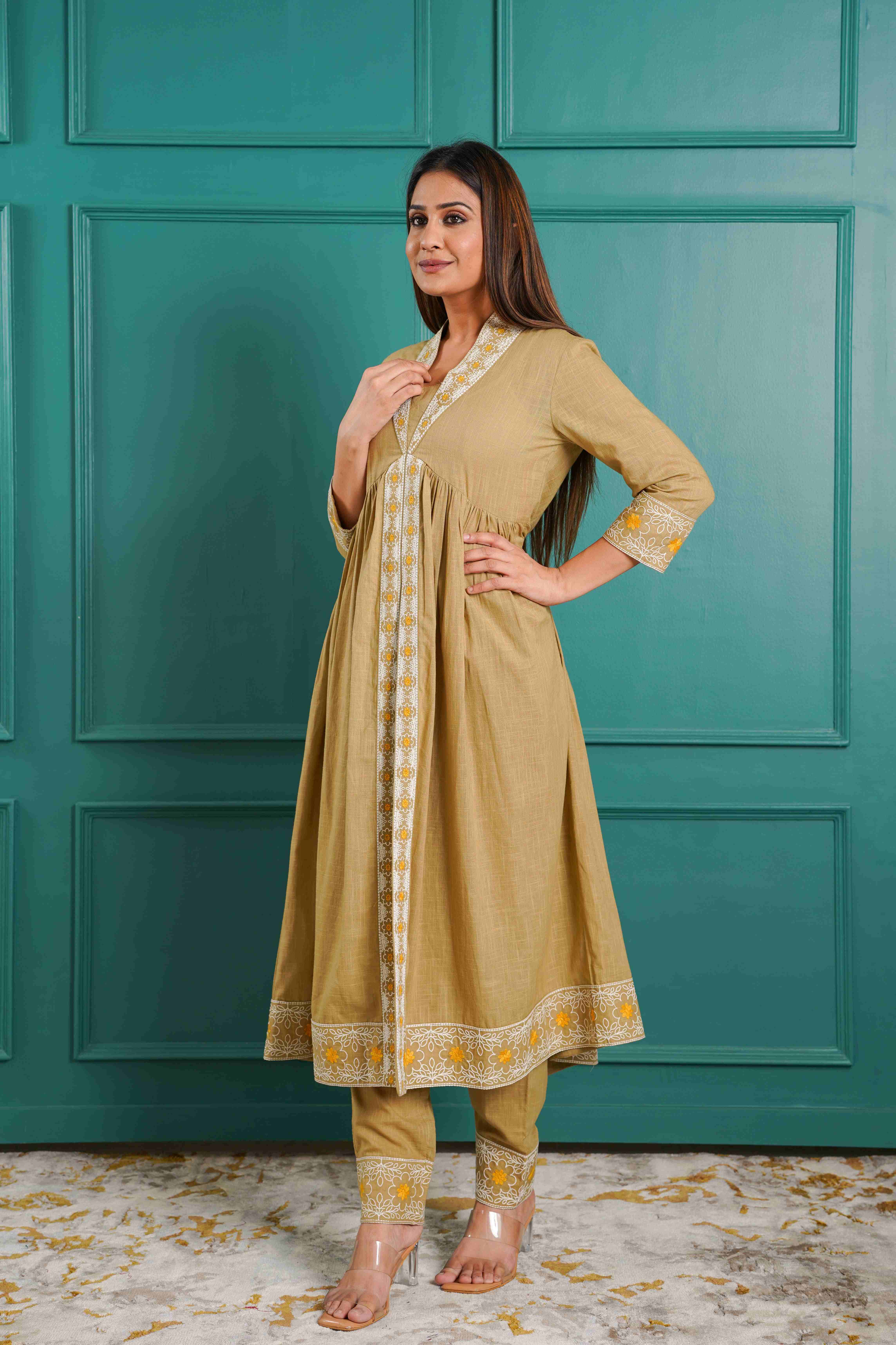 KHAKI EMBROIDERED SOLID KURTA SET